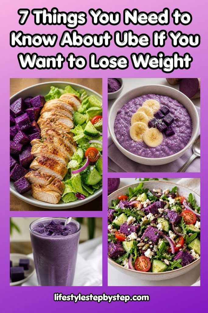 Ube collage with a chicken and ube salad, ube oatmeal with banana, an ube smoothie, and a colorful salad with purple yam