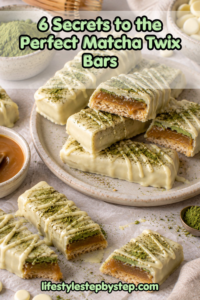 Vegan Matcha Twix bars with white chocolate coating and Matcha drizzle on a plate