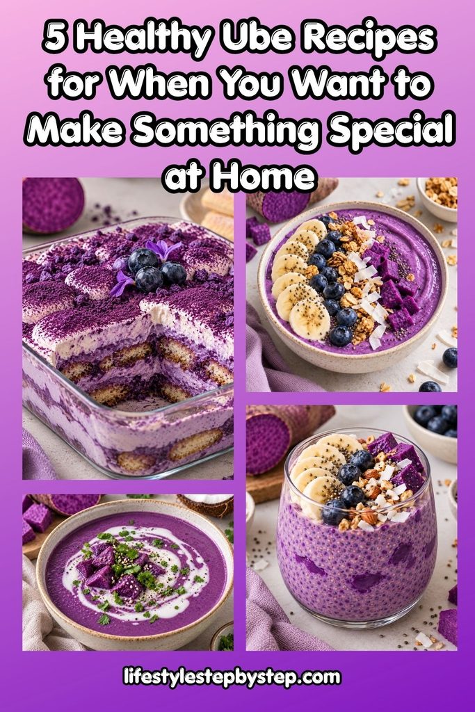 Ube collage with ube tiramisu, an ube smoothie bowl, purple cream soup, and ube chia pudding