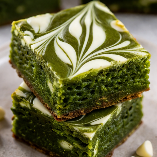Two marbled white chocolate Matcha brownie squares stacked on a plate