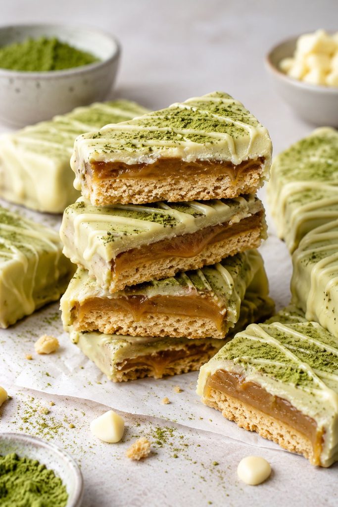 Stacked vegan Matcha Twix bars showing the shortbread, caramel, and white chocolate layers