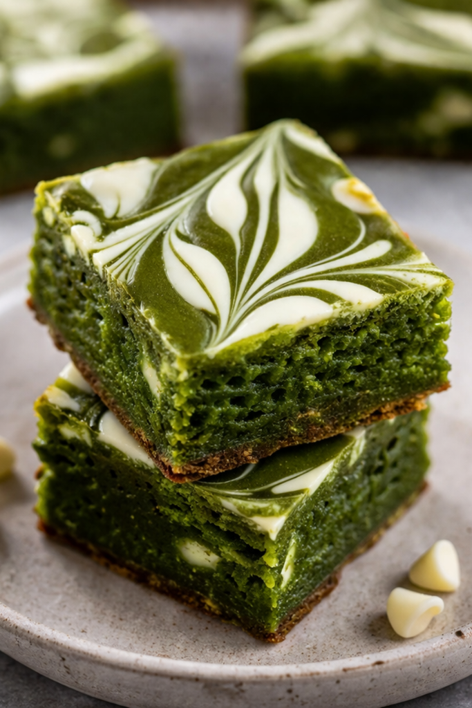 Two marbled white chocolate Matcha brownie squares stacked on a plate