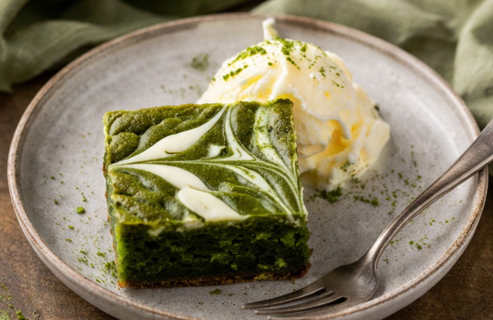 Slice of Matcha brownie with a scoop of vanilla ice cream on a plate