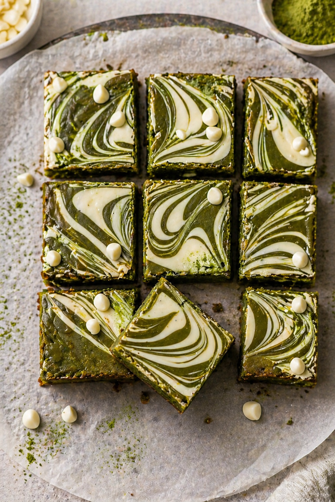 White chocolate Matcha brownies cut into squares, seen from above