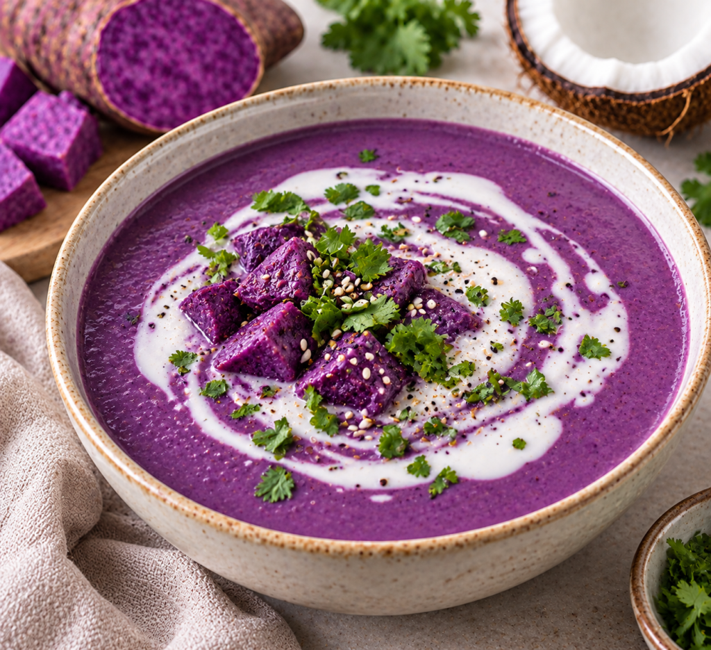 Creamy purple yam soup with a swirl of coconut milk and fresh herbs