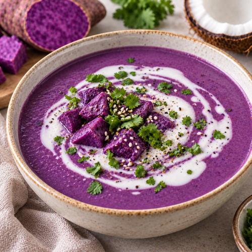 Creamy purple yam soup with a swirl of coconut milk and fresh herbs