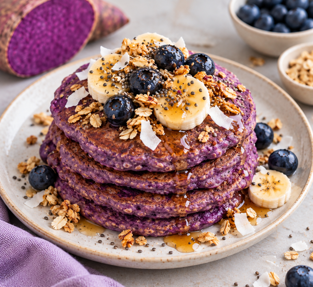 Stack of purple ube oat pancakes with banana, blueberries, and granola