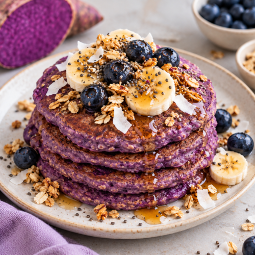 Stack of purple ube oat pancakes with banana, blueberries, and granola