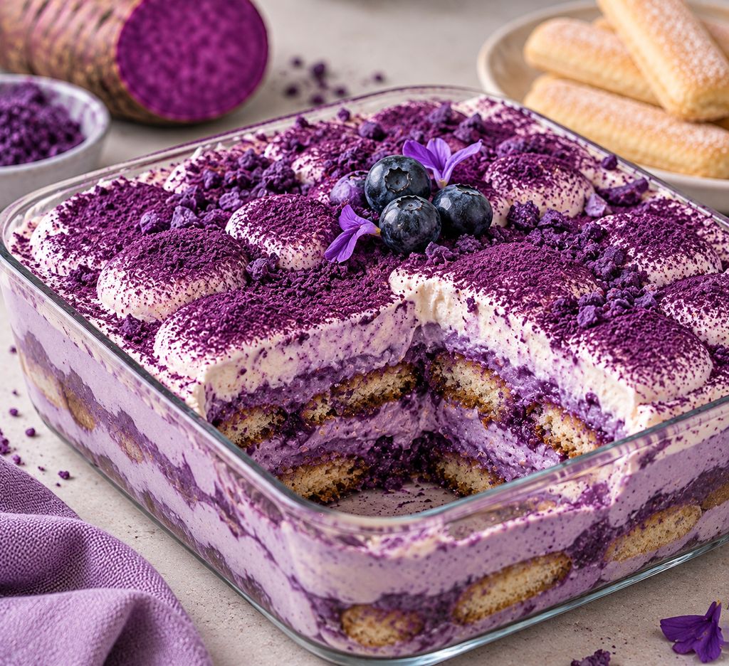 Layered purple ube tiramisu in a glass dish topped with blueberries