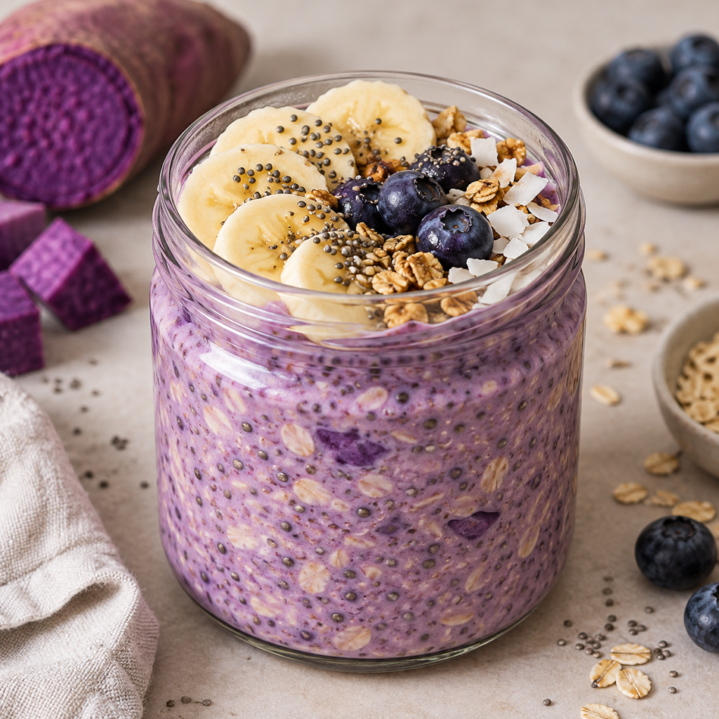 Purple ube overnight oats in a jar topped with banana, blueberries, and granola