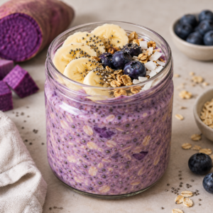 Purple ube overnight oats in a jar topped with banana, blueberries, and granola