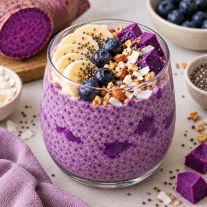 Purple ube chia pudding in a glass topped with banana, blueberries, and nuts