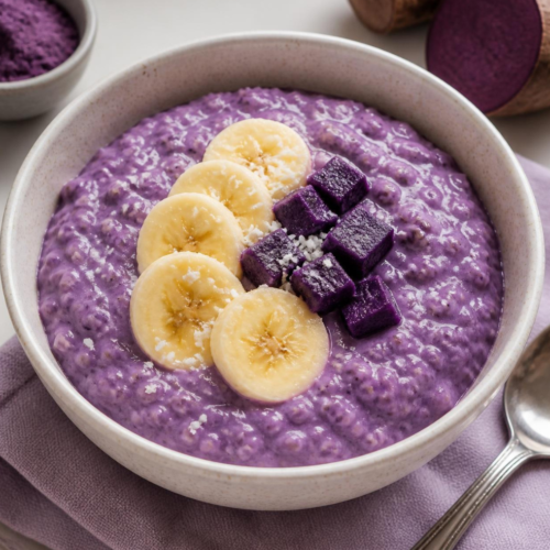 Creamy purple ube oatmeal topped with banana slices and ube cubes