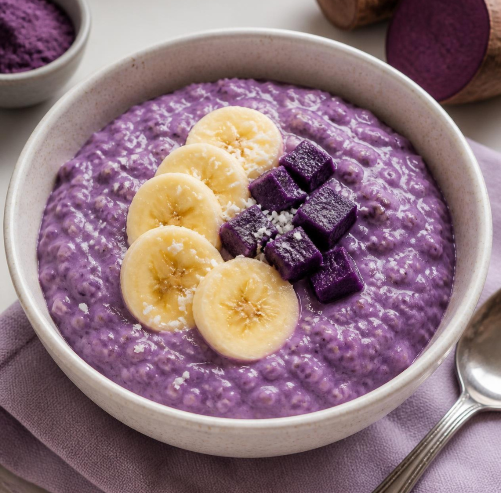 Creamy purple ube oatmeal topped with banana slices and ube cubes