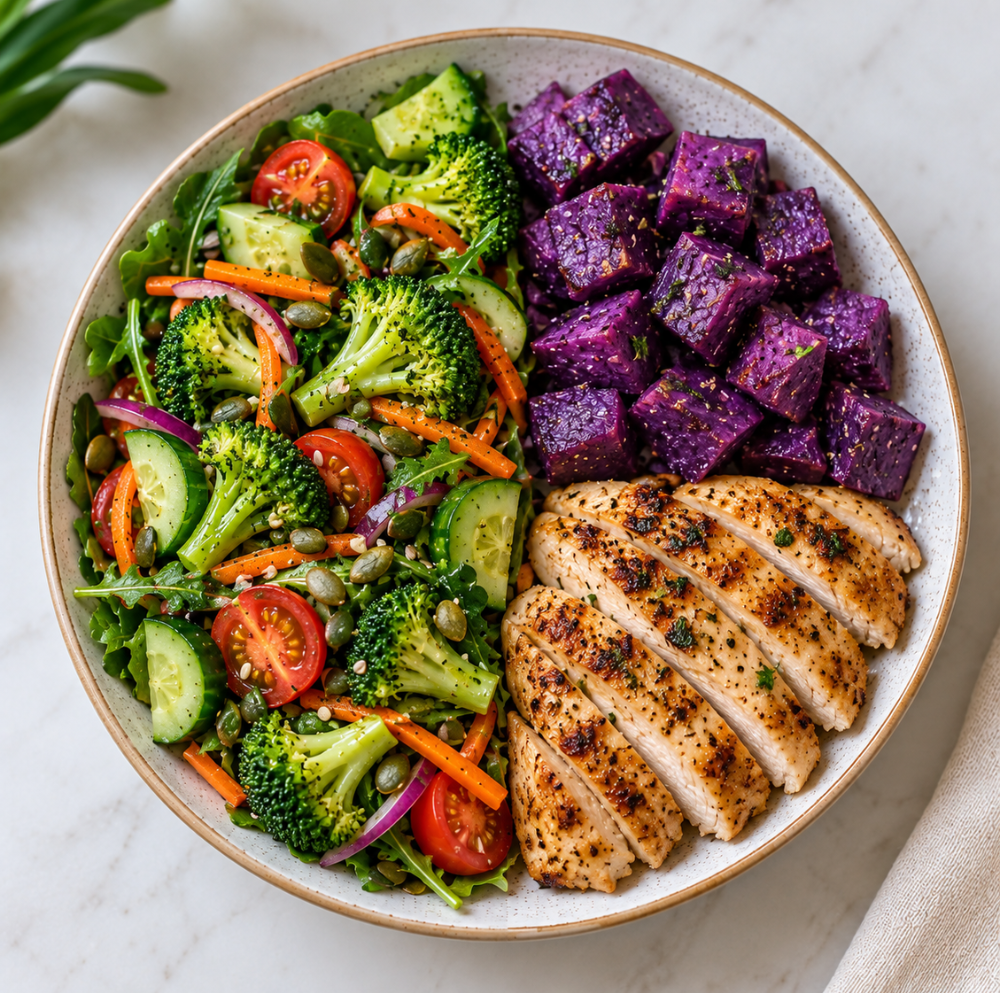 Grilled chicken breast with roasted ube cubes and a broccoli salad in a white bowl