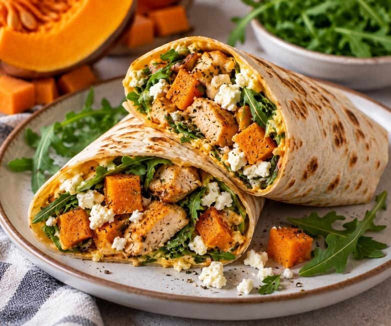 Butternut squash and feta chicken wraps