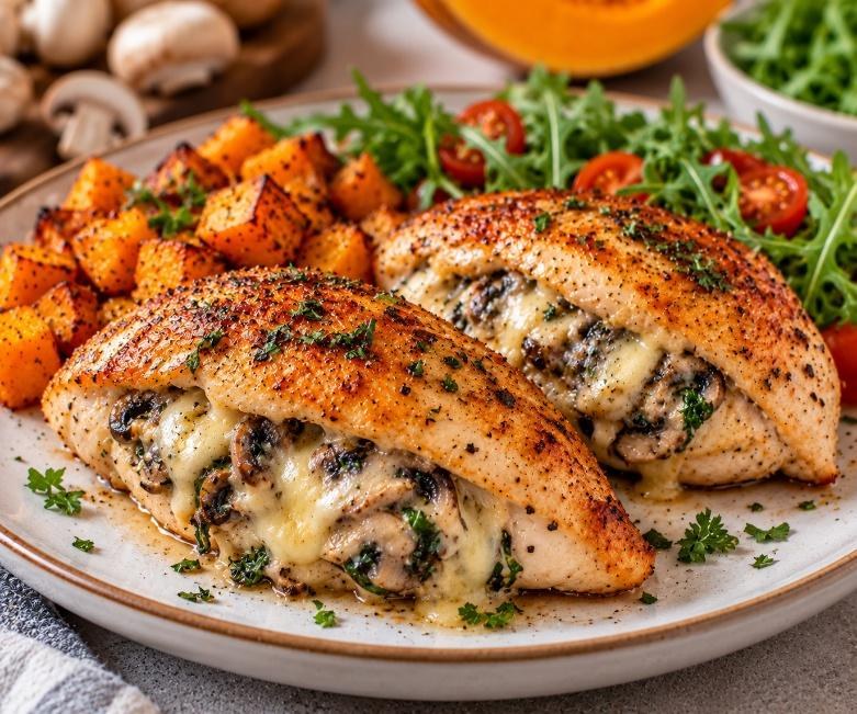 Cheese and mushroom stuffed chicken breasts