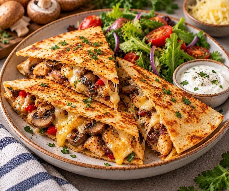 Cheesy chicken and mushroom quesadillas