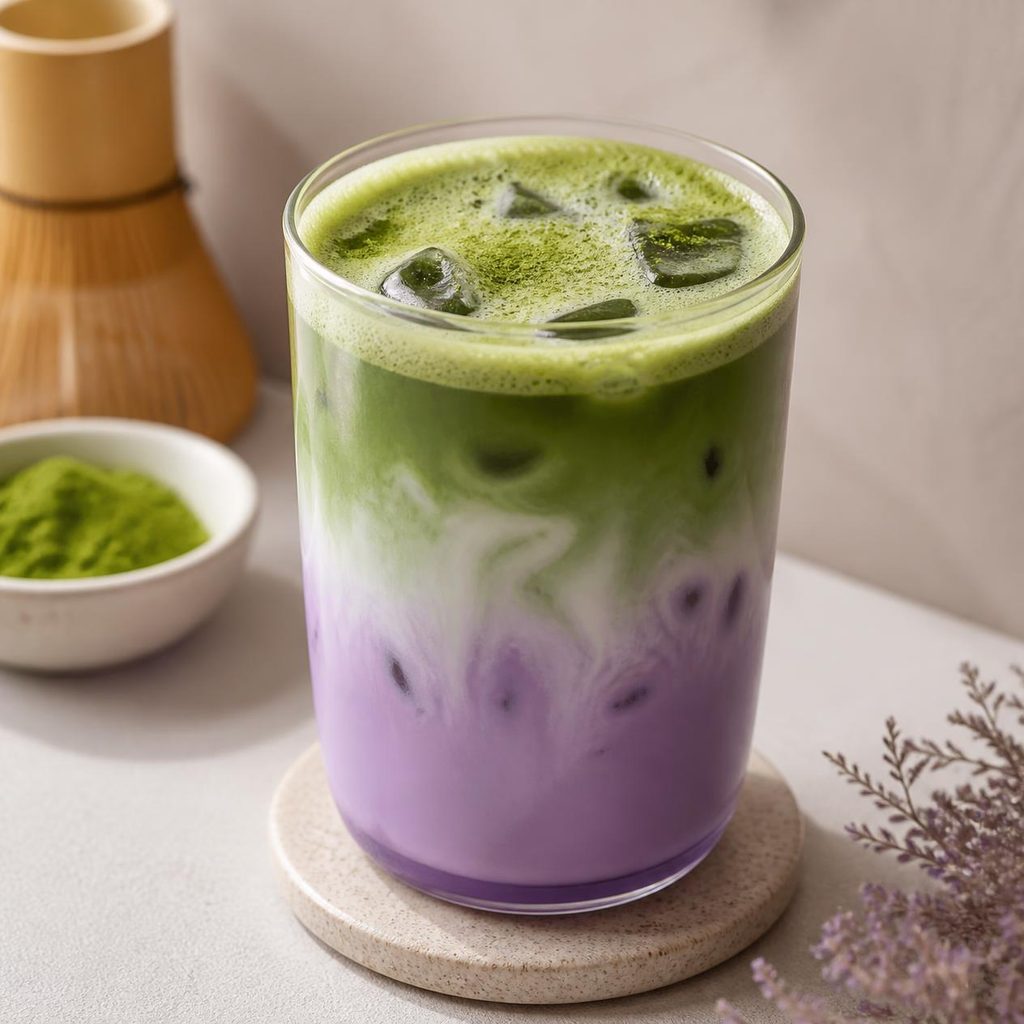 Layered iced ube Matcha latte with purple ube on the bottom and green Matcha on top