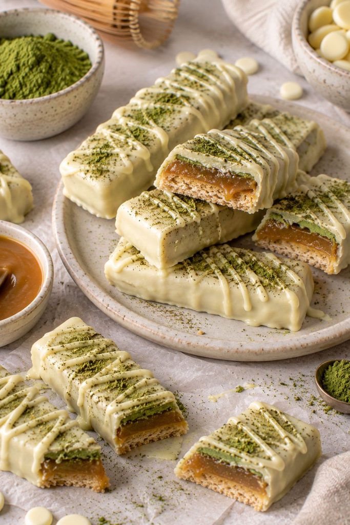 Vegan Matcha Twix bars on a plate with Matcha powder and caramel on the side