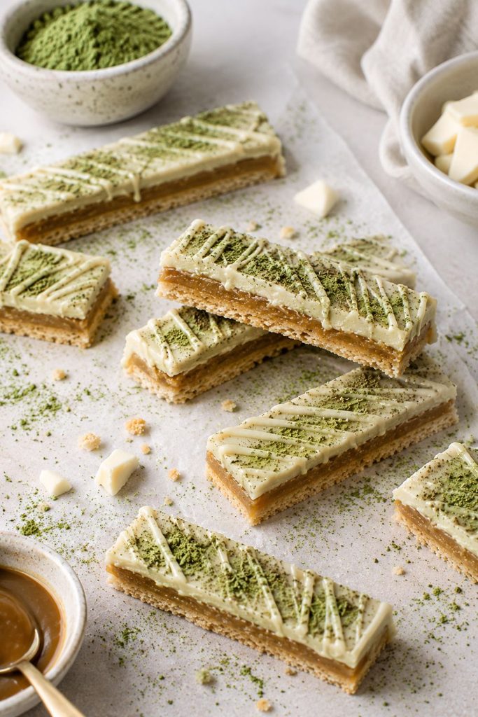 Vegan Matcha Twix bars with white chocolate and Matcha stripes, seen from above