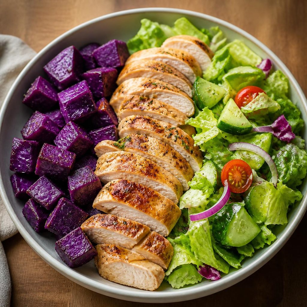 Sliced chicken breast with roasted ube cubes and fresh green salad in a white bowl