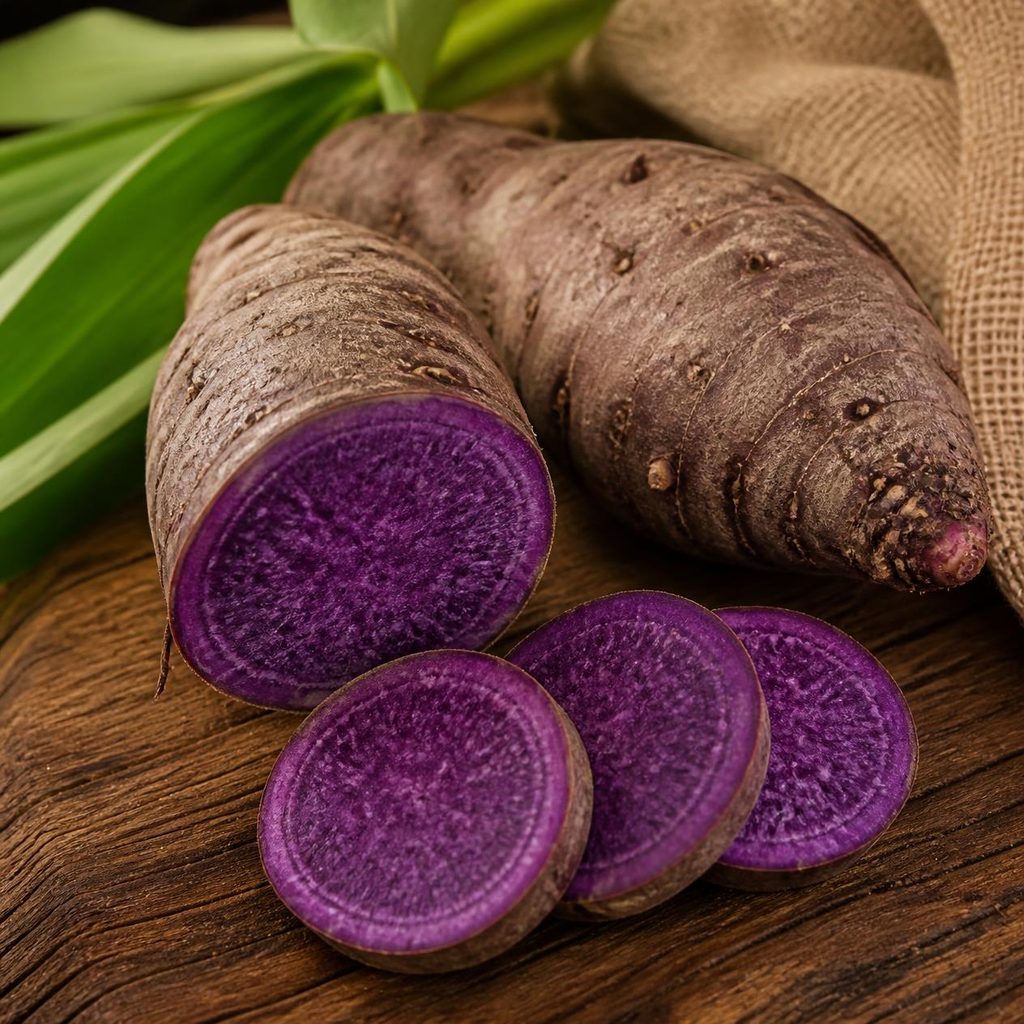 Whole and sliced purple ube tubers on a wooden cutting board