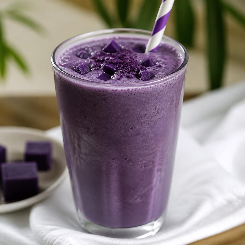 Creamy purple ube smoothie in a tall glass with a straw